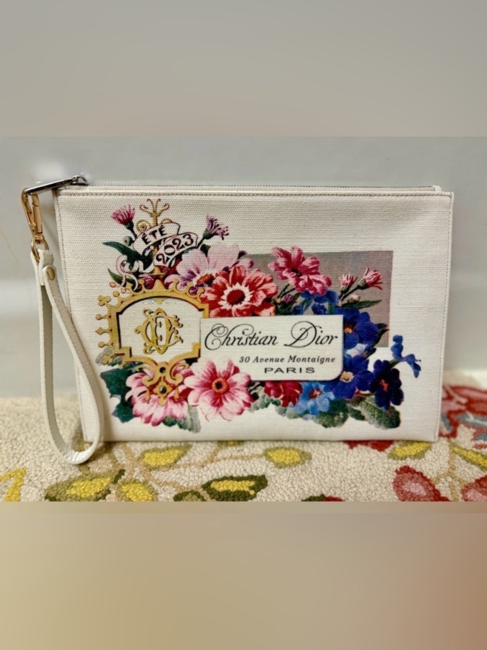 CHRISTIAN DIOR Never Worn Limited Edition White Floral Print Canvas Wristlet